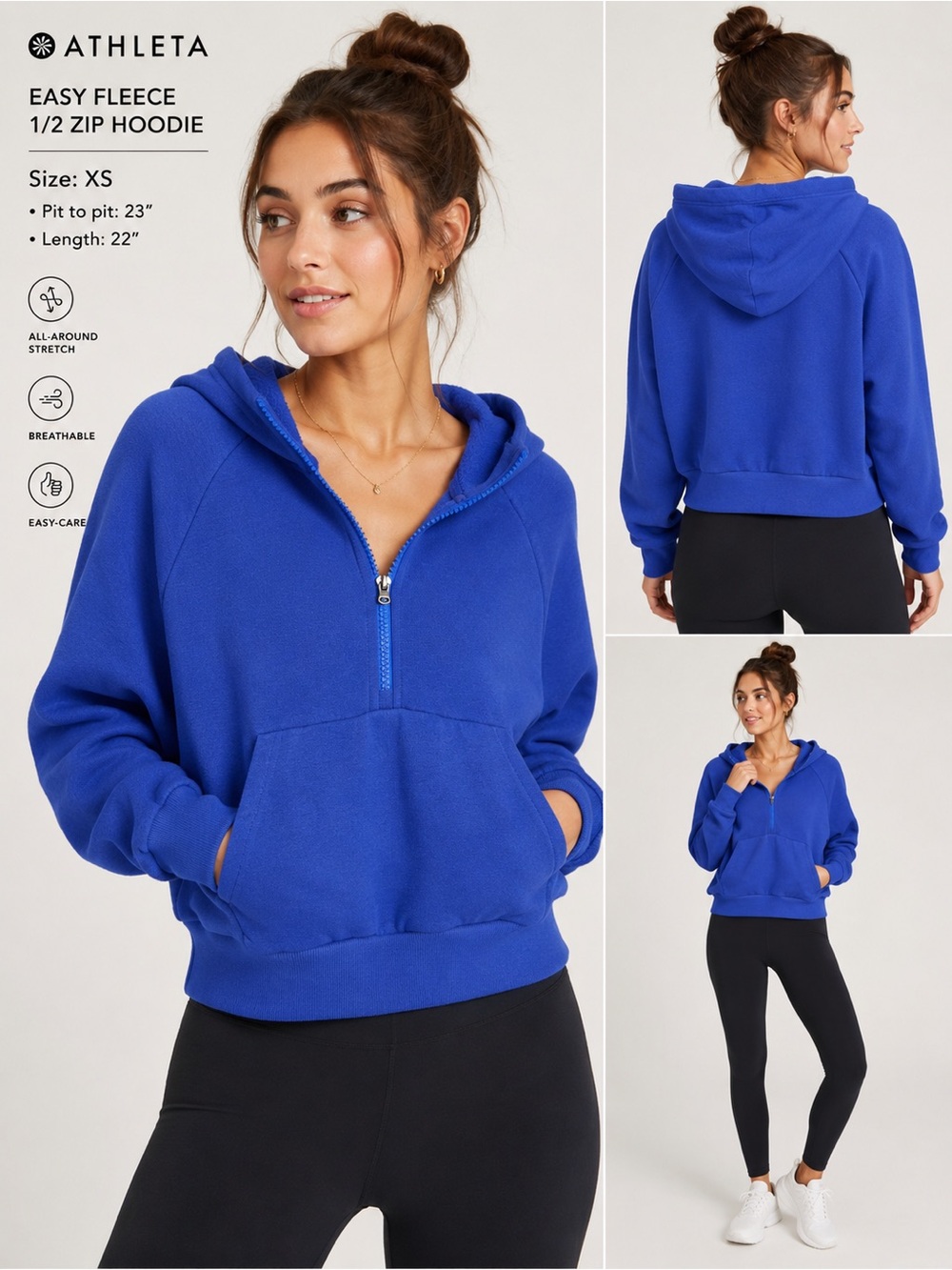 Athleta Easy Fleece 1/2 Zip Hoodie Women’s XS Blue NWT Cropped Pullover